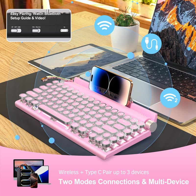Taiahiro Retro Typewriter Wireless Mechanical Gaming Keyboard, Bluetooth 5.0 Office Computer Vintage Keyboards 83-Key Blue Switches Punk Round Keycap, LED Backlight, Compatible with PC/Laptop/Pad/Phone, Pink - Image 4